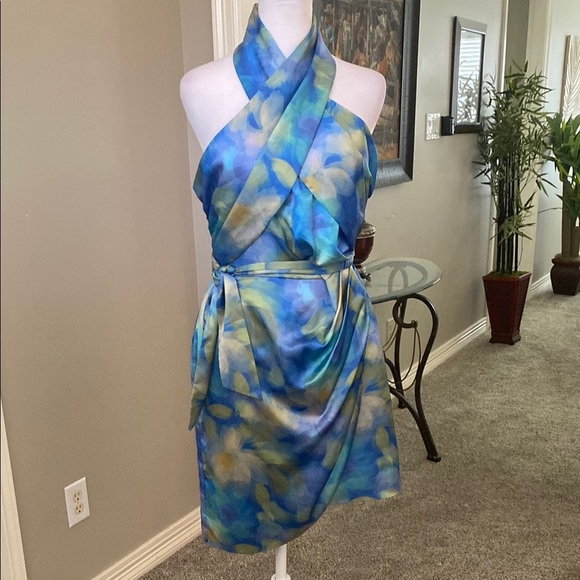 Badgley Mischka Blue and Green Halter Mini Cocktail Party Dress size 10 - Picture 4 of 13